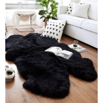 Natural black sheepskin four Pelt fur area leather rug 