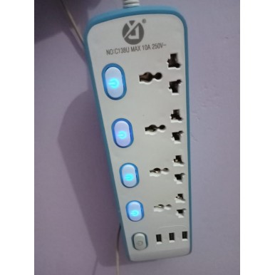 4 way power Strip - Extension Lead board with 3 USB Ports and 4 Sockets having Long Copper Wire