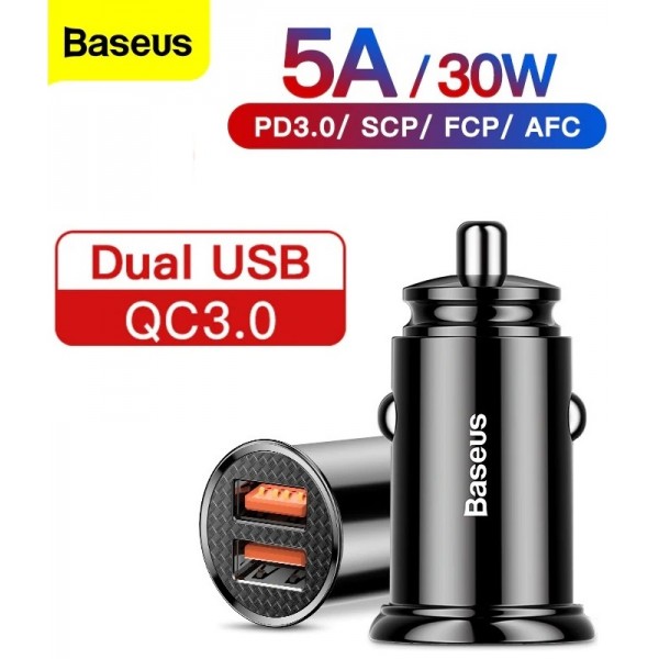 Baseus 5A 30W Dual QC+ QC 4.0 3.0 Fast Charging Cell Mobile Phone Tablet Car Charger Black
