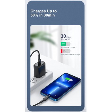 KUULAA 30W PD USB C to Lightning Fast Charging Cell Mobile Phone Tablet Cable 1M Black