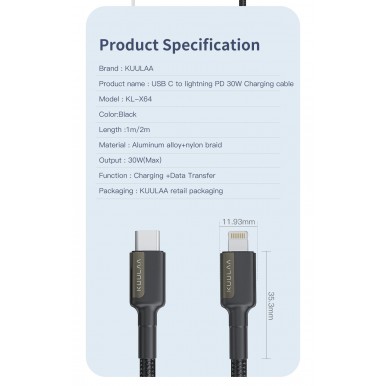 KUULAA 30W PD USB C to Lightning Fast Charging Cell Mobile Phone Tablet Cable 1M Black