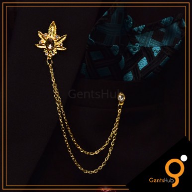 Golden Leaf Style Brooch with Crystal Stone With Golden Chains