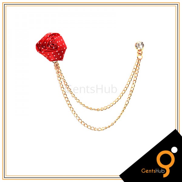 Red Flower with White Dots Brooch With Golden Chains
