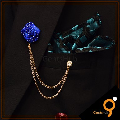 Royal Blue Flower with White Dots Brooch With Golden Chains