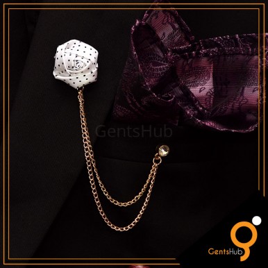 White Flower with Black Dots Brooch With Golden Chains