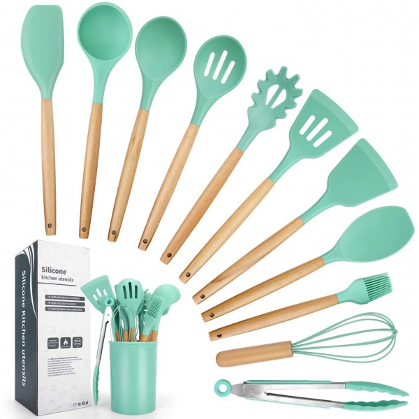 12pcs Silicone Utensil Set With Wooden Handle Buyon.pk