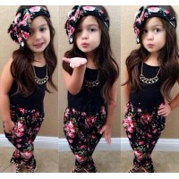 Black Floral Trouser Top for Girls with Head Band
