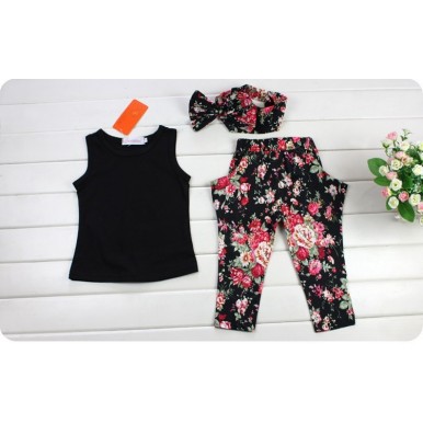 Black Floral Trouser Top for Girls with Head Band
