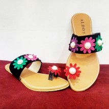 Ladies Black Floral Flat Slippers