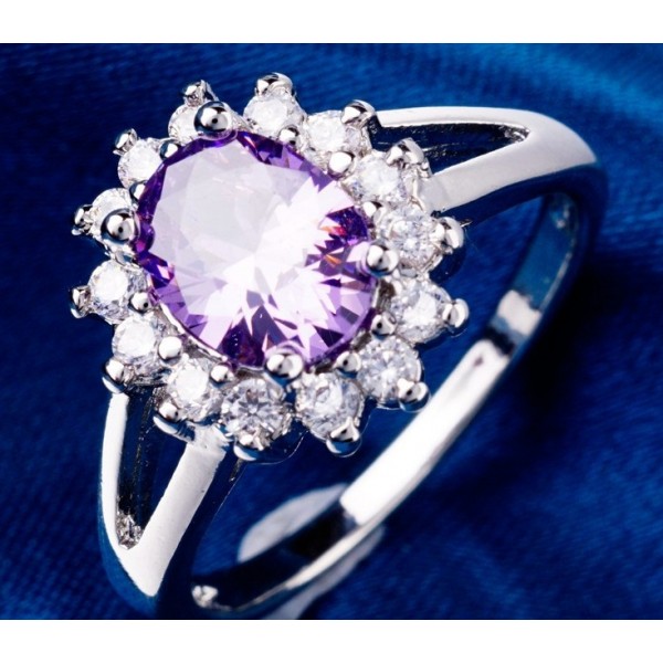 Flowers Design White Purple Crystal Rhinestone Classic Ring