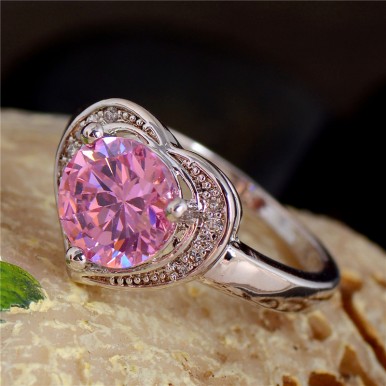  Silver Color Unique Pink Heart CZ cubic zirconia Ring