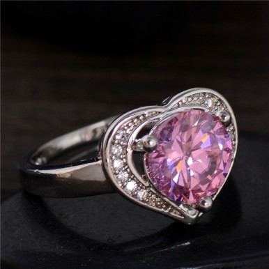  Silver Color Unique Pink Heart CZ cubic zirconia Ring