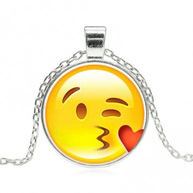 Silver Plated with Glass Cabochon Cute Emoji Pattern Choker Long Pendant Necklace 
