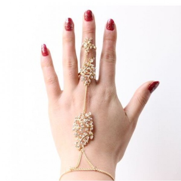 Stylish Long Chain Nail Hollow Character Leaf Rhinstone Ring for woman