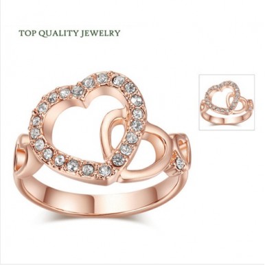 Romantic Dual Hearts Crystals Studded 18K Gold Plated Jewelery Ring For Her