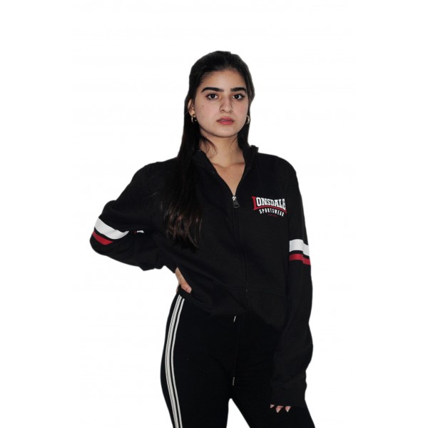 Licensed Unisex Lonsdale Zipped Jacket Sweatshirt with 2 Stripes on Sleeves Black Colour