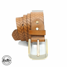 Men Leather Belt - Tan Ladder Print