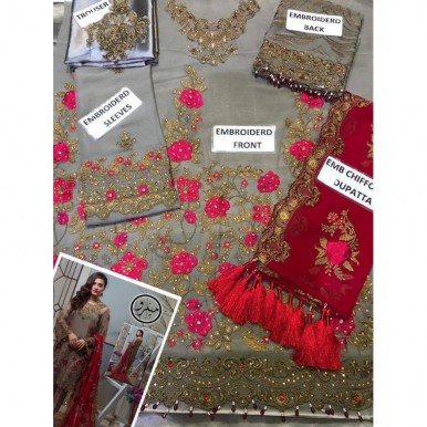 Grey and Red Chiffon Embroidery Unstitched Suit With Chiffon Embroidery Duppata