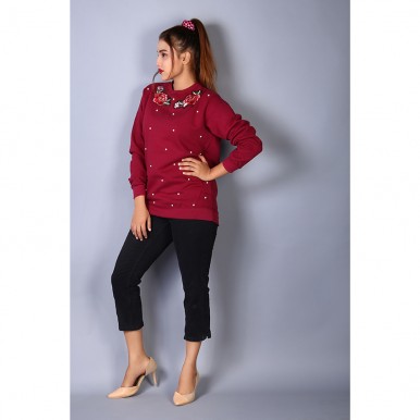 Rose Embroidered Embellished Maroon Fleece Top For Women