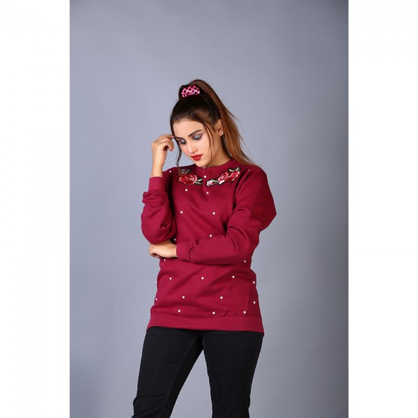 Rose Embroidered Embellished Maroon Fleece Top For Women