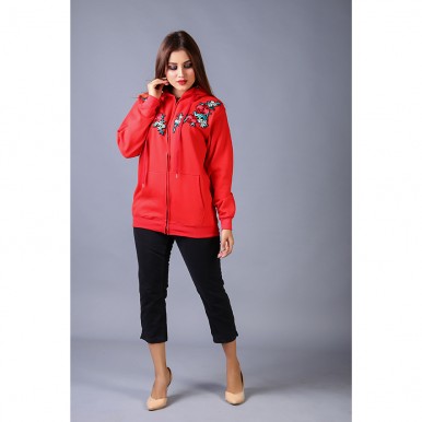 Floral Embroidered Red Zipper Hoodie For Women