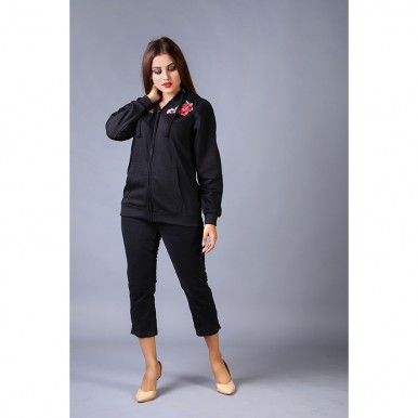 Fancy Floral Embroidered Black Zipper Hoodie For Women