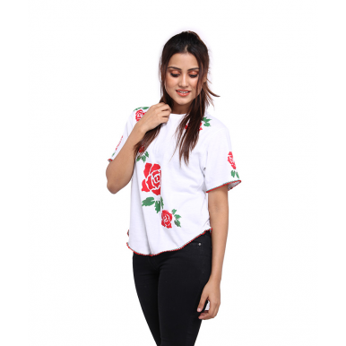 ROSE PRINTED WHITE CROP TOP FOR WOMEN