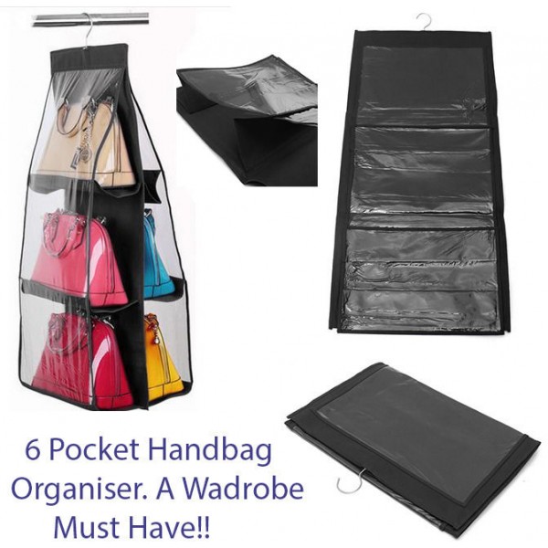 6 Pocket HANGING HANDBAG Purse BAG TIDY Organiser Storage Wardrobe Closet Hanger