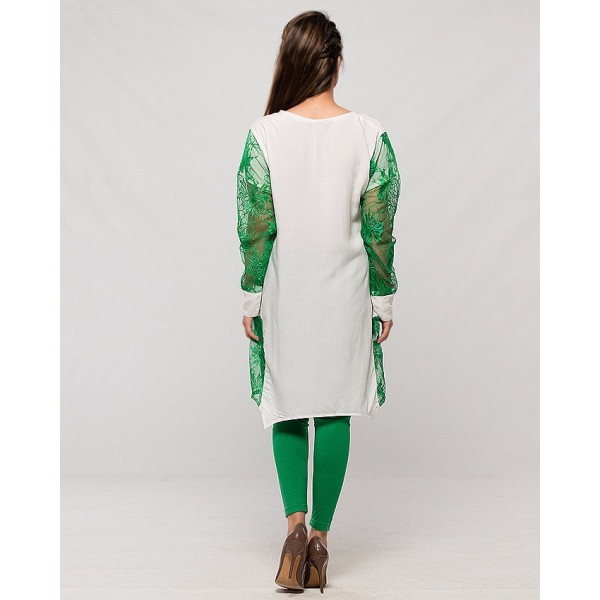 Independence day Net Sleeves Kurti with Tights in White Colour - Buyon.pk