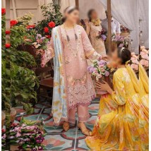 Luxury lawn chickenkari embroidered Dress in Tea pink color with Silk Dopatta