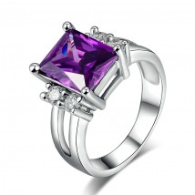 Silver Color Princess Cut Big Purple Crystal Ring