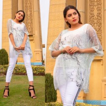 Grey Color Net Top for Her with Digital Print