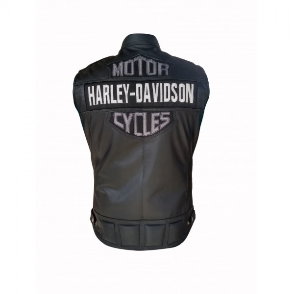 Mens Black Biker Real Leather Jacket With Harley Davidson Patches