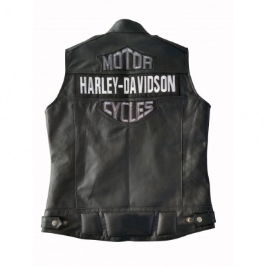 Mens Black Biker Real Leather Jacket With Harley Davidson Patches
