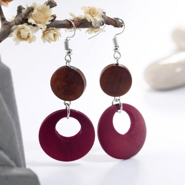 Wood Round Drop Earring Brown/Red for Women – AE38