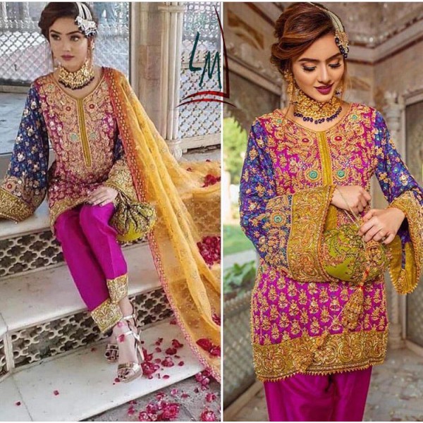 BRIDAL COLLECTION CHIFFON EMBROIDERED DRESS WITH NET DUPATTA