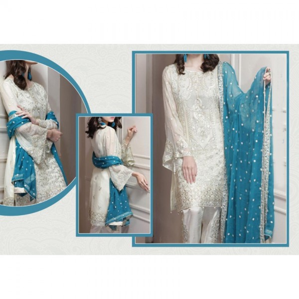 Party wear collection white and blue Chiffon embroidered dress - Buyon.pk