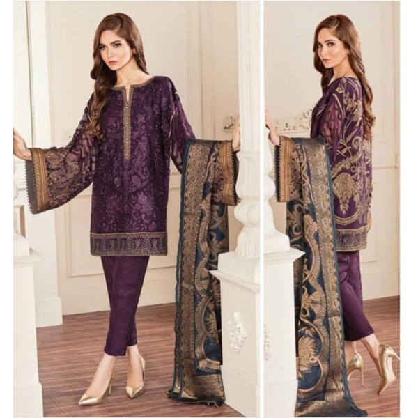 3 Piece fancy Chiffon Embroidered collection - Purple