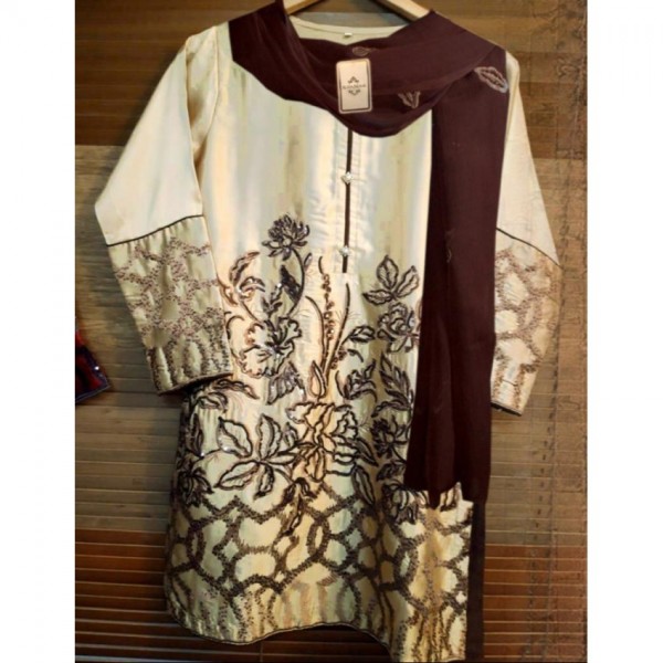 Cream Colour Silk Embroidered Dress for Ladies