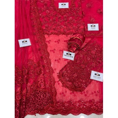 Red Color Net Sequence Saree With Embroidery