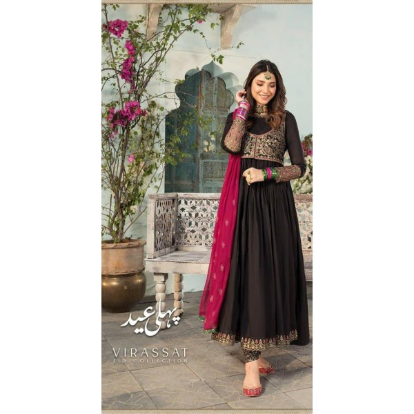 Black Color Chiffon Embroidered With Pink Color Dupatta
