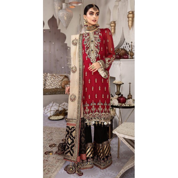 Red Colour Chiffon Dress With Organza Embroidered Dupatta