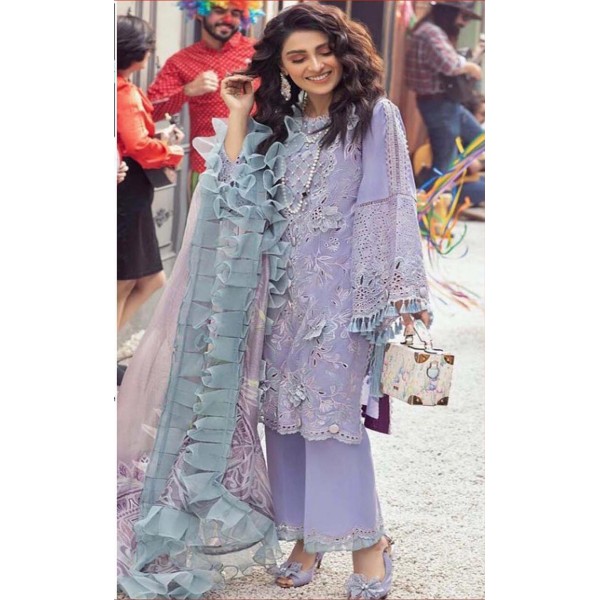 Light Purple Embroidered Lawn Unstitched Suit With Printed Dupatta