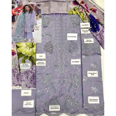 Light Purple Embroidered Lawn Unstitched Suit With Printed Dupatta