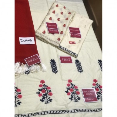 Red and White Lawn Embroidery Dress with Chiffon Dupatta