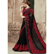 black and red Indian chiffon bridal embroidery saree