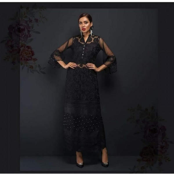 Heavy Embroidered Net Dress in Black Color