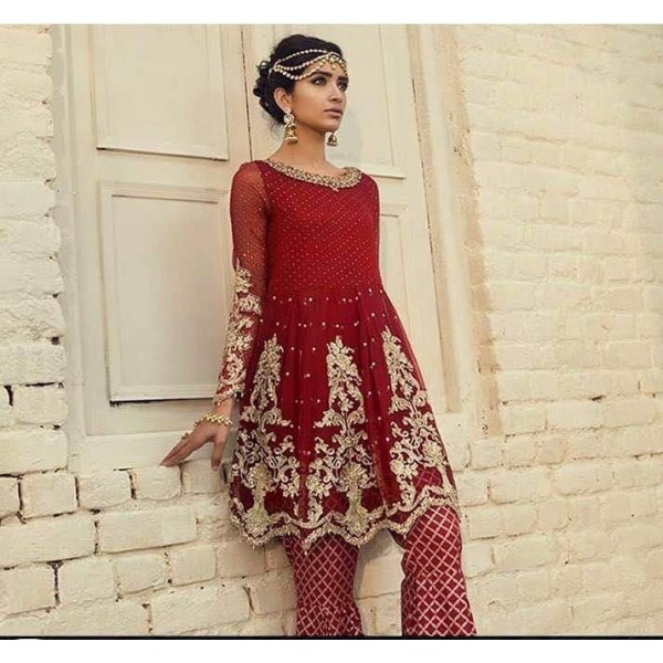  RED FULL EMBROIDERED  CHIFFON SUIT 