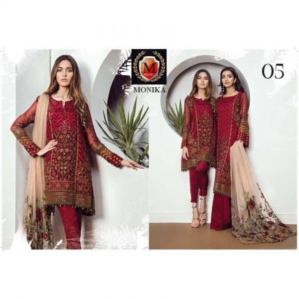 Beautiful Red Embriodered Chiffon dress with net embroidered dopatta - high quality