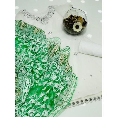 Net Fabric Mirror Work Beautiful White Shirt with Colourful Dupatta